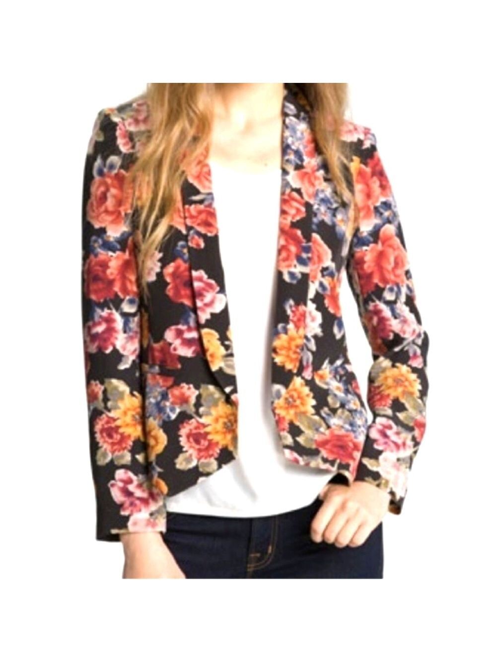 Truth & Pride Black Bold Floral Print 100% Silk lined Blazer Size XS